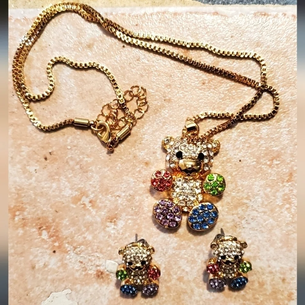 Multi Colored Austrian Crystal Teddy Bear Necklace & Earrings In Stainless Steel